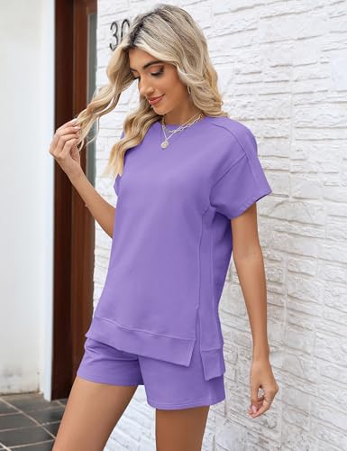 Image of LOMON Womens Fashion 2 Piece Outfits Sweatsuits 2026 Summer Short Sleeve Loungewear Tracksuit Round Neck Lounge Shorts Sets