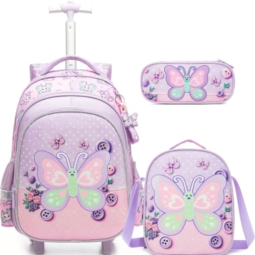 Meetbelify Mochila com Rodinhas para Meninos Mochila com Rodas Bagagem Infantil, Borboleta, 16.5'X11.8'X7.5', Moderno