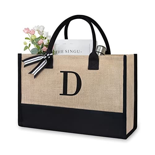 TOPDesign Sacola de juta/lona com inicial, bolsa de presente personalizada, adequada para casamento, aniversário, praia, feriado, é um ótimo presente para mulheres, mães, professores, amigos, damas de honra (letra D)