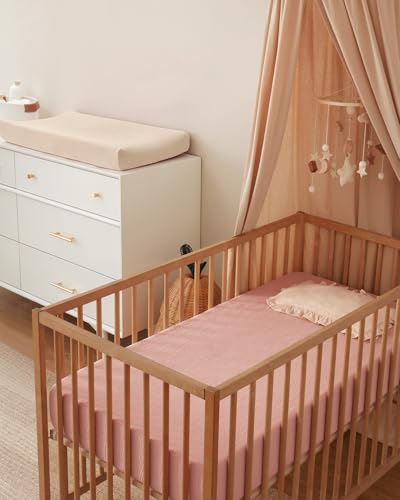 Image of Blissful Diary Muslin Crib Sheets, 2 Pack, Pink Floral & Light Pink | fitted for 52''x28'' crib mattress, soft and breathable cotton, boho style, easy care for machine wash, gift for boy and girl