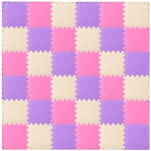 Image of ProSource Foam Puzzle Floor Play Mat for Kids and Babies with Solid Colors, 36 or 16 Interlocking Tiles with Borders, Pink/Purple/Beige