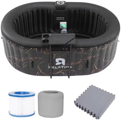 Portable 2 Person Hot Tub Inflatable, Outdoor Blow Up Hottub with Led Light, Energy Efficient Cover, 100 Air Jets Built in Heater Pump, Oval Spa for Relaxation, Table Tray, 2 Filters, Black
