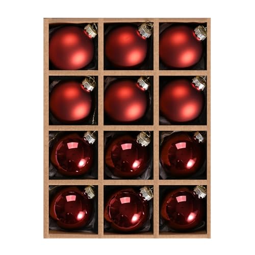 DN DECONATION Weihnachtskugeln Set, 12-teilig - Tiefrote Glaskugeln 6cm...