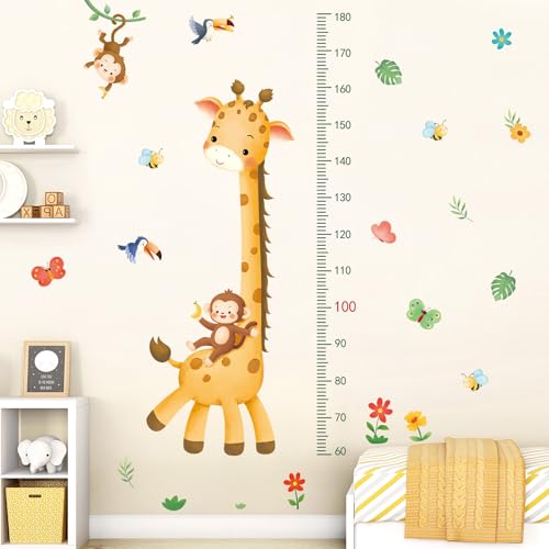 SHUCHING Toise Murale Girafe pour Enfants 60-180CM, Autocollant Mural Mesurer la Hauteur Animaux,Stickers Muraux pour Chambre Enfants Crèche
