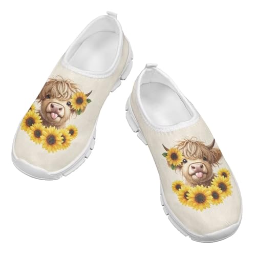 Pointodoor Highland Cow Shoes for Kids Girls Size 1.5 Big Kid Running Sneakers Sunflower Breathable Mesh Slip on Tennis Shoes Casual Flats