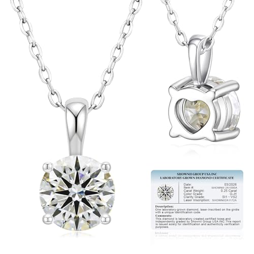 shownii Diamond Necklace Certified LAB GROWN Diamond 0.25CT Round Pendant Necklaces for Women 14K White Gold Plated Sterling Silver Womens Necklace Dainty Jewelry Present(GH Color SI1-VS2 Clarity 4 Prong)