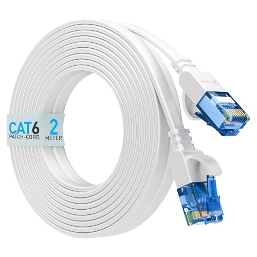 Image of CABLET Cat 6 Ethernet Cable 2 Meter | 100% Pure Copper Flat RJ45 LAN Cable | 1Gbps 250MHz High Speed Internet Cable | UTP Network Patch Cord for Router, Modem & PC | White (2 Meter)