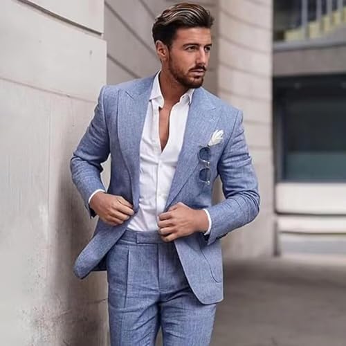 Men Casual Formal Summer Linen Suit Set 2 Pieces Blazer Pants Peak Lapel Outfit for Male Wedding Church Lightweight2