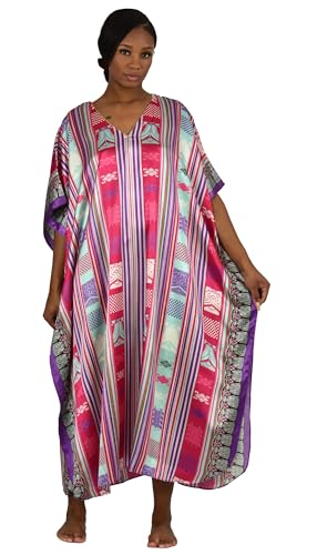 Up2date Fashion Womens Satin Caftan/Kaftan in Striped Fusion Print, One Size Plus Mumuu, Style Caf-105 Red