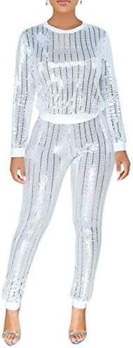 2 Piece Night Clubwear Outfits for Women Long Sleeve Top and Metallic Shiny Pants Glitter Clubwear