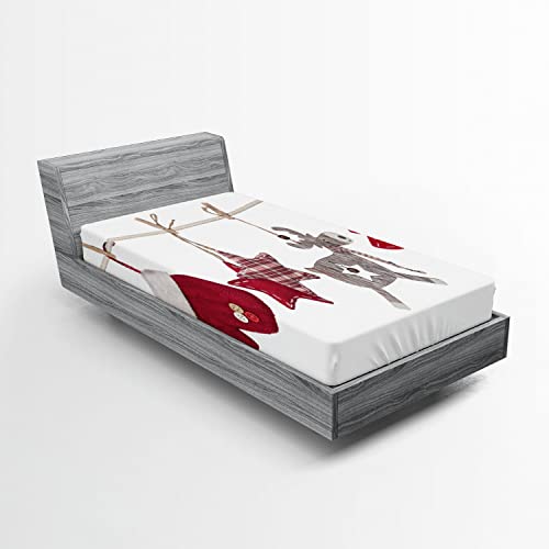 Ambesonne Christmas Fitted Sheet, Traditional Xmas Celebration Items Hanging from Clothespins Retro, Bed Cover with All-Round Elastic Deep Pocket for Comfort, Twin XL Size, Cream Red