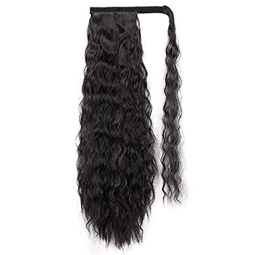 Alimice Long Corn Wave Ponytail Extension Wavy Synthetic Curly Drawstring Ponytail for Women Magic Paste Black Kinky Straight Wrap Around Clip in Hairpiece Heat Resistant for Girl Lady (21inch, 2#)
