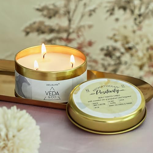 Image of Welburn Veda&Co Scented Wax Candle - Induces Positivity | Aromatherapy Travel Tin Candle for Home Decor & Relaxation | 100% Soy Wax | Long-Lasting 15 Hours Burn Time | 85gm Portable Jar Candle