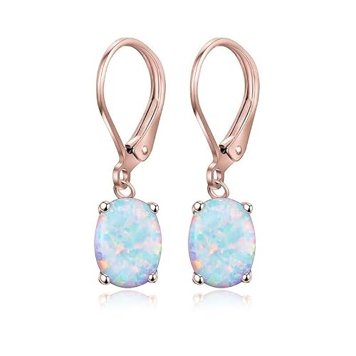 Élégantes boucles d'oreilles pendantes ovales plaquées or rose à 4 griffes avec opale de feu brillante pour le quotidien et les fêtes (or rose)
