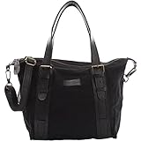 LECONI Umhängetasche im Vintage Look aus Canvas Leder Henkeltasche für Damen Handtasche Retro Style Damentasche Schultertasche Damen 36x31x13cm Schwarz LE0049 C