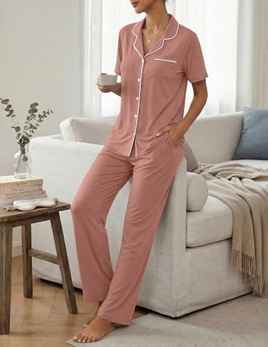 Image of ZMJ Womens Pajamas Sets 2 Piece Button Up Pj Sets Short Sleeve with Long Pant