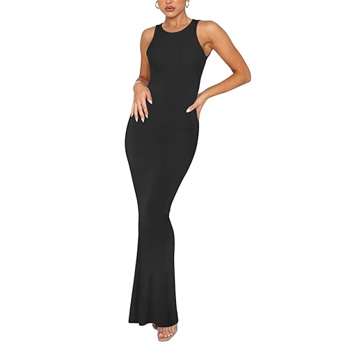 REORIA Women's Basic Summer Sexy Lounge Tank Long Dress Elegant Sleeveless Halter Neck Bodycon Maxi Dresses