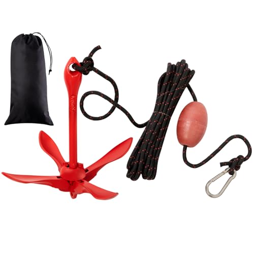 MorningRo 1 Pack Marine Kayak Anchor Kit Folding Grapnel Boat Anchor Kit Kayak Fishing Accessories for Small Boats Canoe Paddle Boards(Red,1.5 lb)
