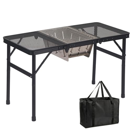 LEESA キャンプ テーブル アウトドアテーブル メッシュ IGT対応 高さ2段階調整可能 耐荷重40kg 耐熱 三つ折り 軽量 組立簡単 コンパクト 携帯便利 屋外用物置き 収納袋付き