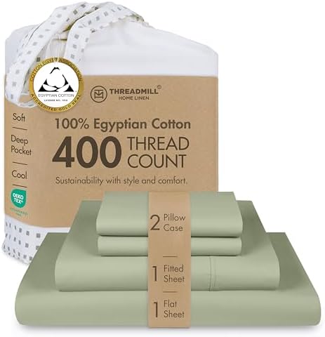 Threadmill Egyptian Cotton Sheet Set | 100% Certified Egyptian Cotton Sheets for Full Size Bed | Deep Pocket, Soft Sateen 4-Piece Cooling Bedding Set in Sage Green - Thumbnail 2