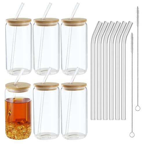HAOYULUO 6er Set Glas mit Deckel und Strohhalm, 500 ml Trinkgläser mit deckel, Dosenförmige Glasbecher, Geeignet für Eiskaffeetassen, Limonaden, Smoothies, Bier, Cocktails (500ML, 6, stück)