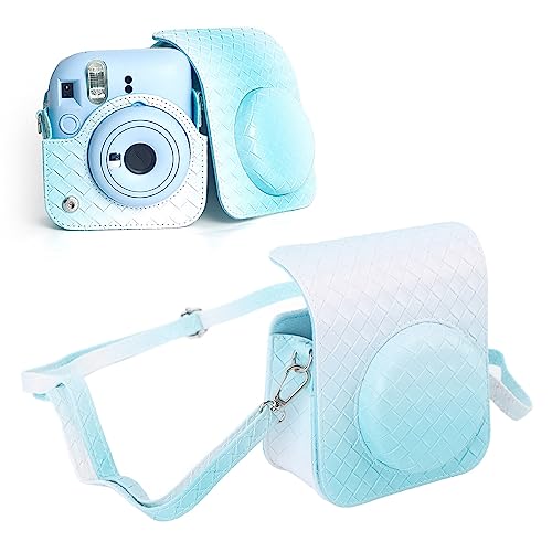 Custodia per Fujifilm Mini 12 Borsa per Fotocamera con Trama Intrecciata Sfumata Arcobaleno con Tracolla Protettiva per Antiurto pelle sintetica blu