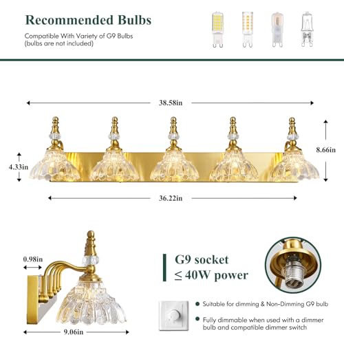 LBSQJ Vintage Bathroom Vanity Light, 5-Light Gold Vanity Lighting Fixture with Flower Glass Shade, Bathroom Lighting Fixtures Over Mirror by LBSQJ - Used condition - Image 2
