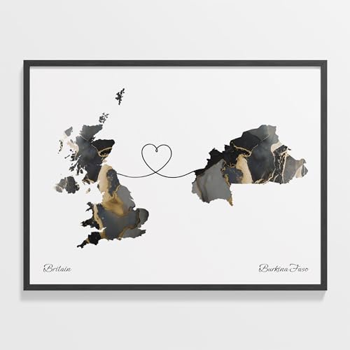 Britain to Burkina Faso Print, Burkinab Marble Two Countries Map Poster, UK Wall Art, Relationship Map