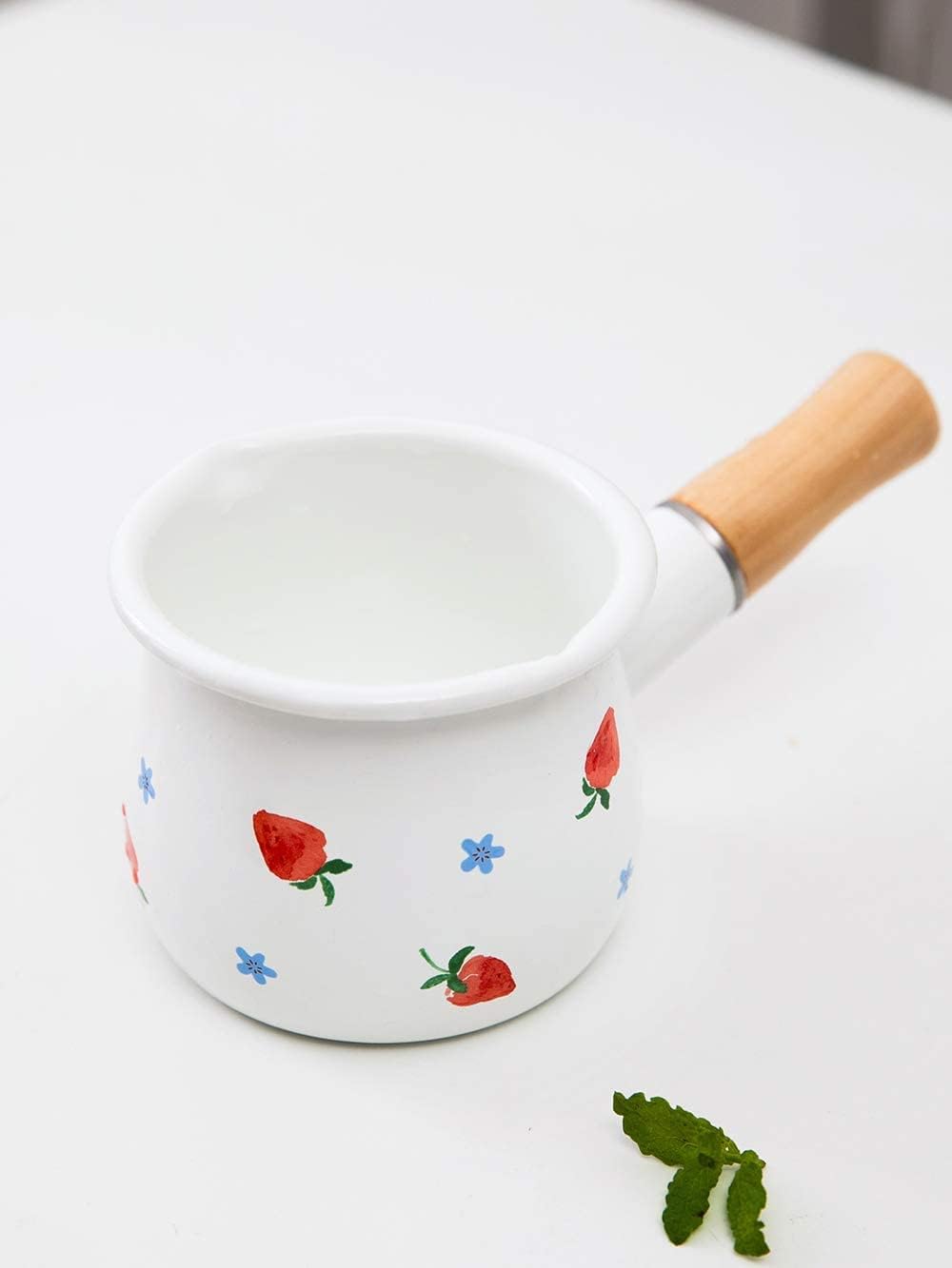 4-Inch Enamel Milk Pot Non-Stick Mini Saucepan Butter Warmer with Wooden Handle Small Cookware 17Oz (Style 2)