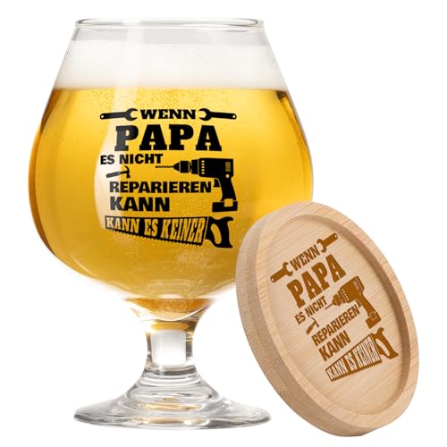PRSTENLY Papa Geschenk, 500 ML Bierglas + Bambus Untersetzer Geschenke für Papa Vater Männer zum Geburtstag Weihnachten Vatertag
