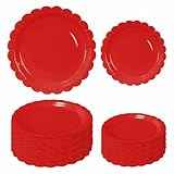 FALIZIFU 50 Pcs Red Scalloped Paper Plates 25 × 7'' and 25 × 9'' Disposable Red Scalloped Dinner Plates for Wedding Baby Shower Birthday Party Disposable Dessert Plate