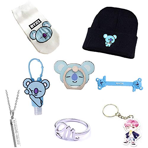 BTS Gift Collection Set 8Pcs/Set -Cartoon Beanie Hat, Socks, Hand Sanitizer Bottle, Phone Line Tie,Phone Stand, Key Chain, Necklace and Finger Ring with Jewelry Case (KOYA)