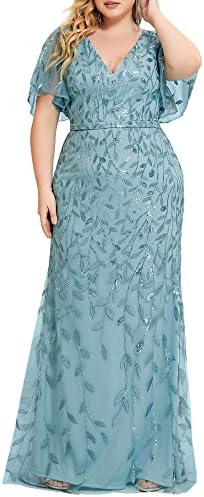 Ever-Pretty Plus Womens Short Sleeves Sequin Embroidery Bodycon Plus Size Maxi Dance Party Dress Dusty Blue US24