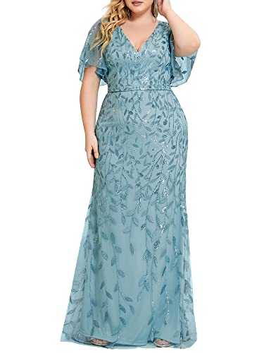 Ever-Pretty Plus Womens Short Sleeves Sequin Embroidery Bodycon Plus Size Maxi Dance Party Dress Dusty Blue Us24 #TOP1