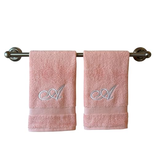 Decorvo Pink Monogrammed Hand Towels for Bathroom - Luxury Hotel Quality Personalized Initial Embroidered Towel for Powder Room, Spa - GOTS Organic Certified - Set of 2 White Letter A