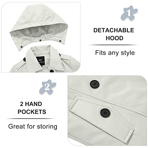 FARVALUE Women's Waterproof Trench Coat Double Breasted Windbreaker Classic Belted Lapel Overcoat with Removable Hood Light Gray X-Large