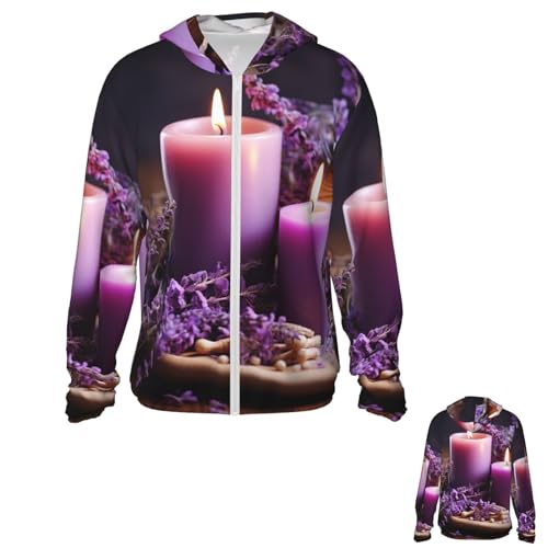 Men's Sun Protection Jacket UPF 50+ Full Zipper Long Sleeve UV Hoodie Shirt Purple Lavender with Candles Women's Outdoor Jacket