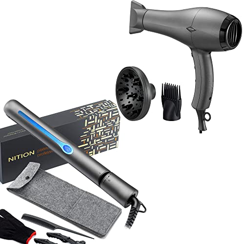 NITION Salon Hair Flat Iron and Hair Dryer with Diffuser/Comb Set