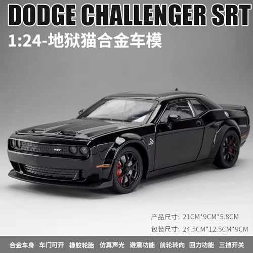 Image of 1 /24 Dodge Challenger Hellcat Model Car, Zinc Alloy Pull Back Toy car with Sound and Light for Kids Boy Girl Gift (Black)