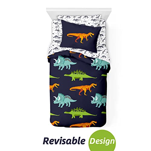 STYHO Cartoon Dinosaur Print Duvet Cover Sets Dark Blue Animal Pattern Quilt Bed Cover Reversible Bedroom Collection for Boys Children Kids, Cot Bed