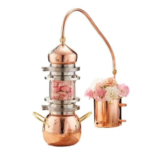 Destilador de cobre puro hecho a mano de 5 l, extractor de aceites esenciales tradicional con base universal y vidrio transparente para gas, inducción, compatibilidad con estufa de leña