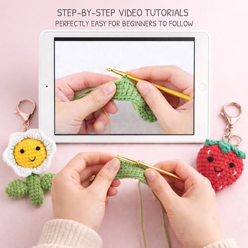 Image of HOUSE CREATIVITY Crochet Keychain Kit for Beginners, Make 2 Strawberry & Sunflower Charms, Crochet Kits with Video Tutorial, Complete Set with Yarn, Hook & Keyring, Cozy Stress Relief Gift for Adults