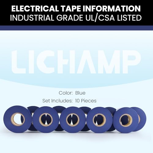 Image of Lichamp 10-Pack Blue Electrical Tape Waterproof, 3 /4 in x 66ft, Industrial Grade UL /CSA Listed High Temp Electrical Tape Blue Electric Super Vinyl