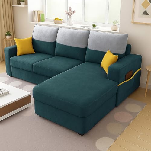 Image of Furny Tokiaa 4 Seater Fabric RHS L Shape Sofa Set (Greenish Teal) | Soft Velvet Fabric | Modern Design | Comfortable Seating | Living Room Furniture