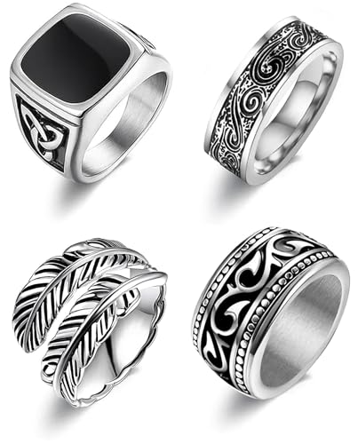 EIELO Stainless Steel Signet Rings for Men Feather Vintage Rings Set Pinky Thumb Celtic Band Mens Ring Jewelry