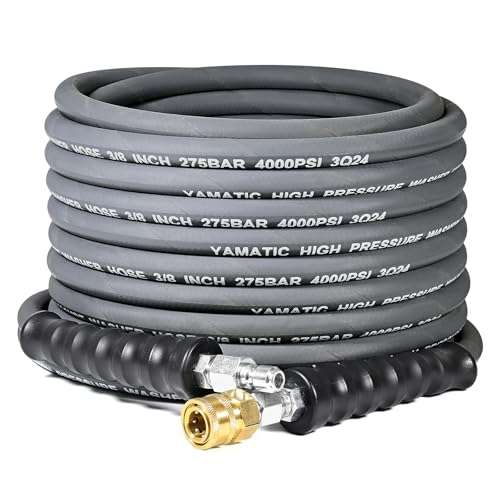 YAMATIC Pressure Washer Hose 50 FT, 3/8' Non-Marking Hot Water Use, 4000 PSI Steel Wire Braided Rubber Jacket – Replacement Power Washer Hose for Commercial Use