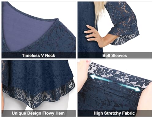 Viracy Womens Dressy Blouse V Neck Double Layers Elastic Mesh Casual Flowy Work Shirts Ruffle 3/4 Flared Sleeve Tunic Tops3