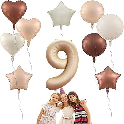 Image of Solid Beige 9 /Nine Number Foil Balloons 32 inch 9th Birthday Party Decoration Helium Supported