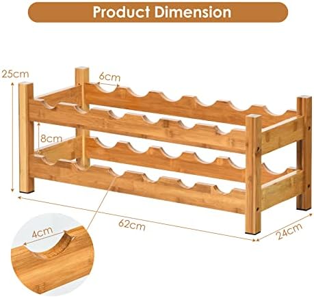 TANGZON 12-Bottle Bamboo Wine Rack, 2 Tiers Freestanding Wine Storage Holder with Non-Slip Pads, Retro Wine Bottle Display Shelves Organiser for Cabinet Cupboard Countertop Bar & Cellar (Natural)
