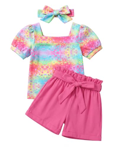 Image of Arshiner Toddler Girls 3 Piece Outfit Set Puff Sleeve Square Neck Top with Shorts and Matching Headband Summer Clothes 2T-8Y